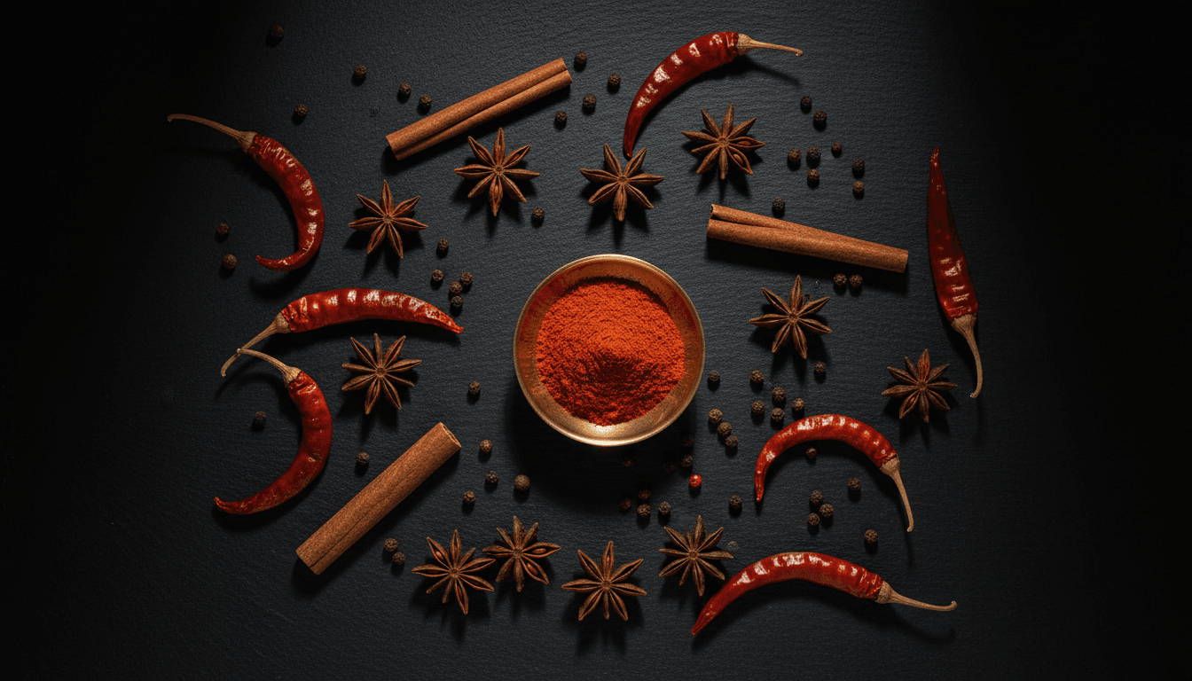 Whole spices and red chilli powder arranged on a dark slate surface