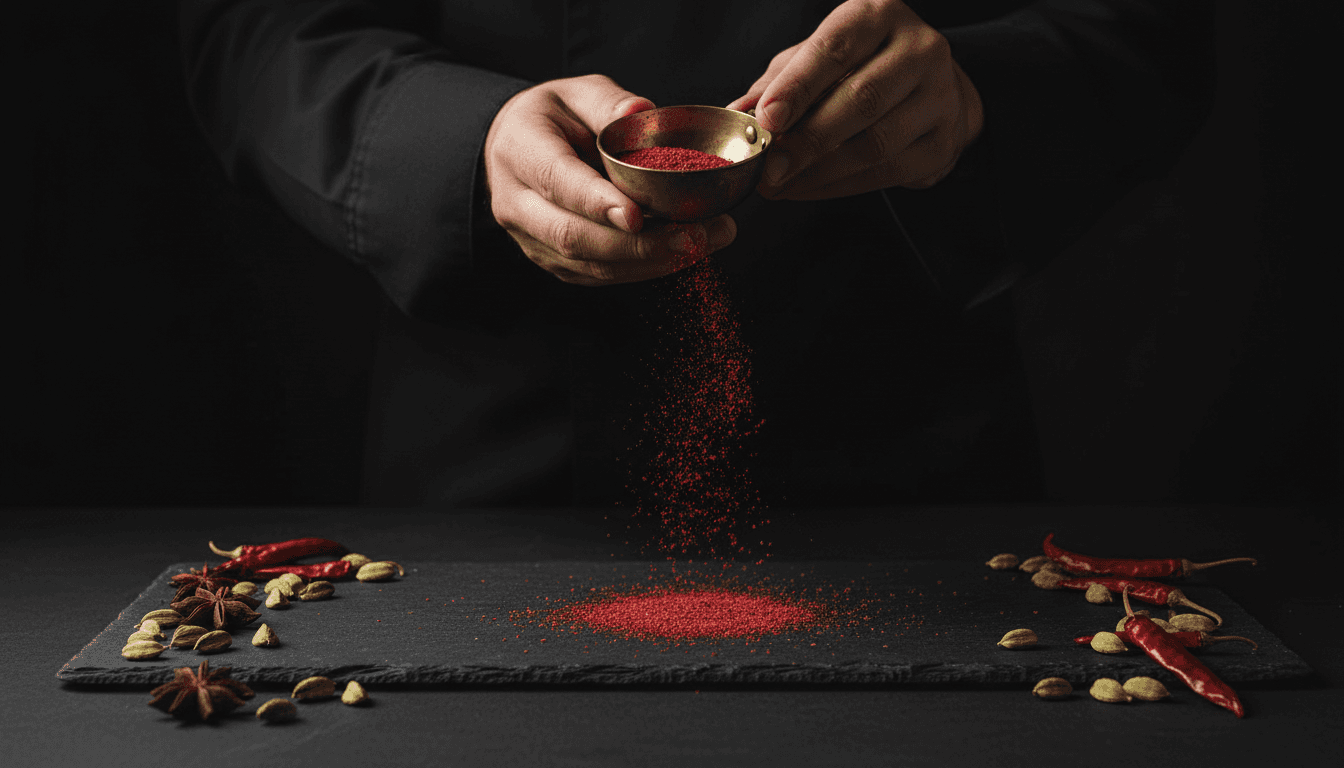 Close-up of a chef sprinkling a red spice blend over a dark surface