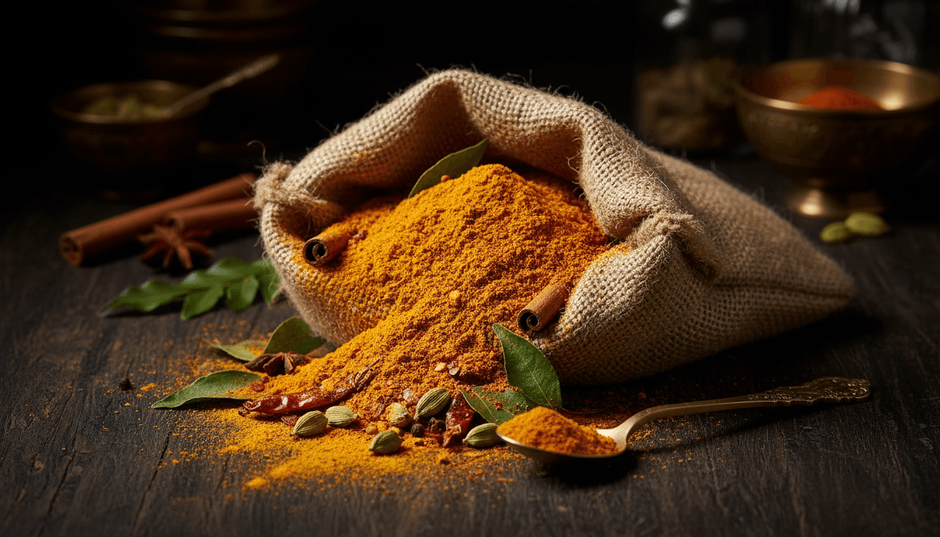 Burlap sack overflowing with assorted premium spices on a dark wooden table