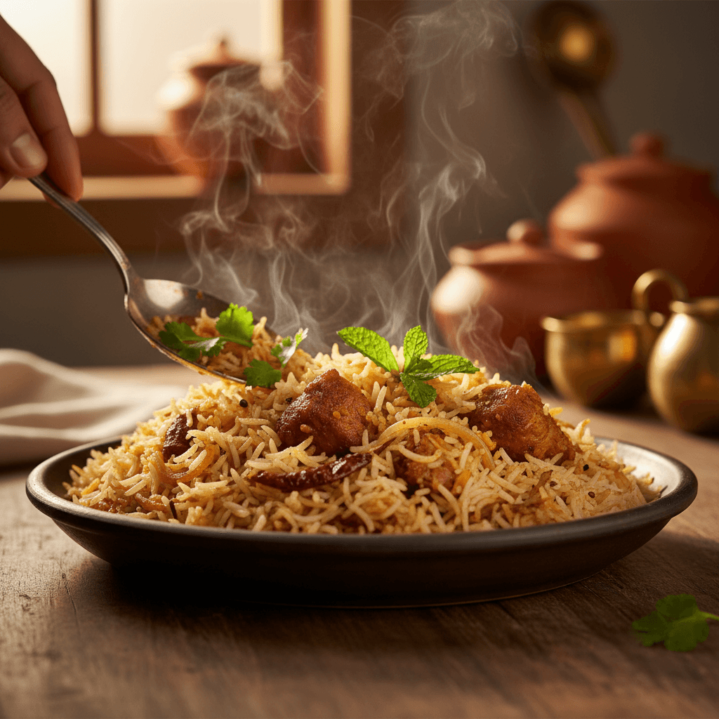 Basmati rice dusted with golden biryani spice and whole spices on wood