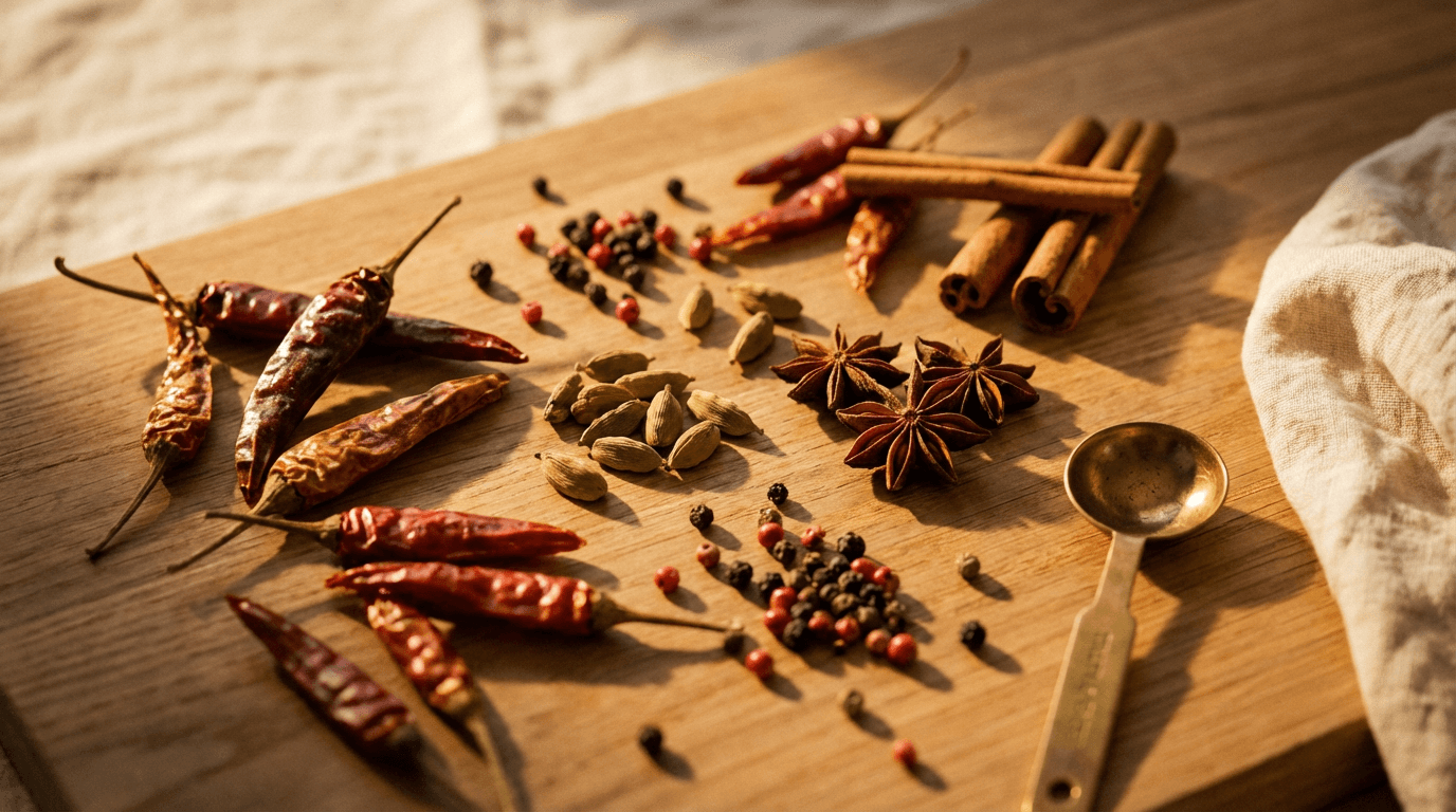 Chef's hand sprinkling ground spice over dark slate surface with assorted spices in brass bowls