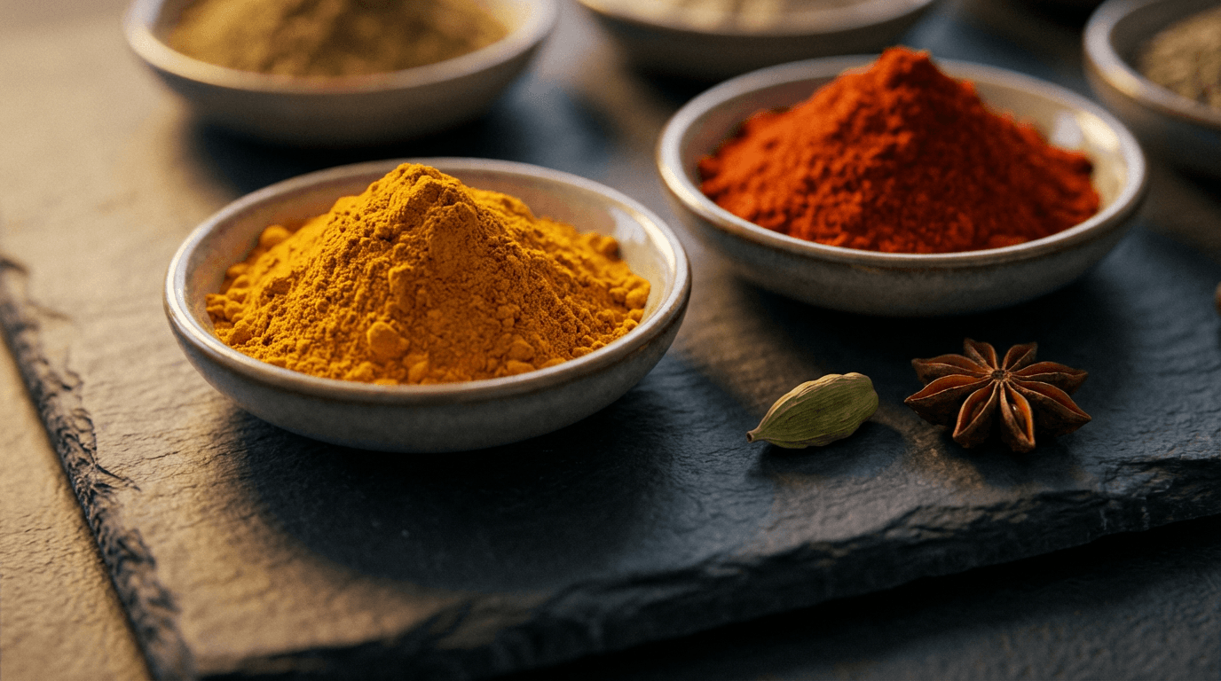 Close-up of turmeric powder in a ceramic dish with whole spices