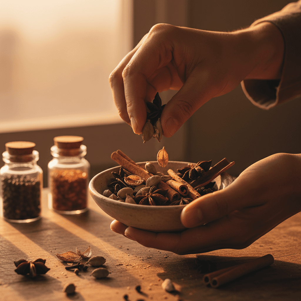 Signature spice blends displayed in black bowls on dark charcoal slate