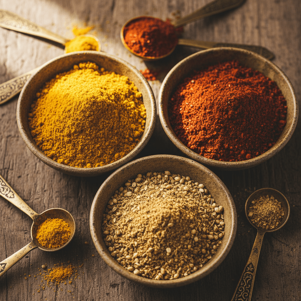 Whole spices and ground powders in brass bowls
