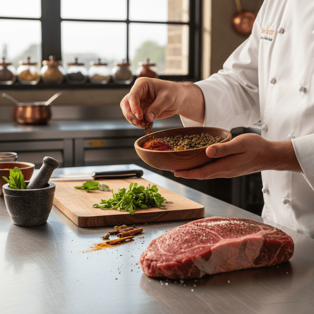 Spice blend applied to meat in a commercial kitchen