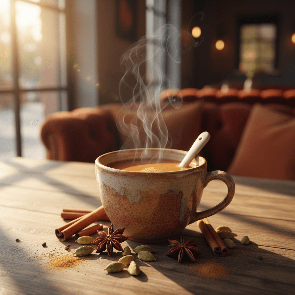Glass cup of dark spiced chai with whole spices on a wooden table