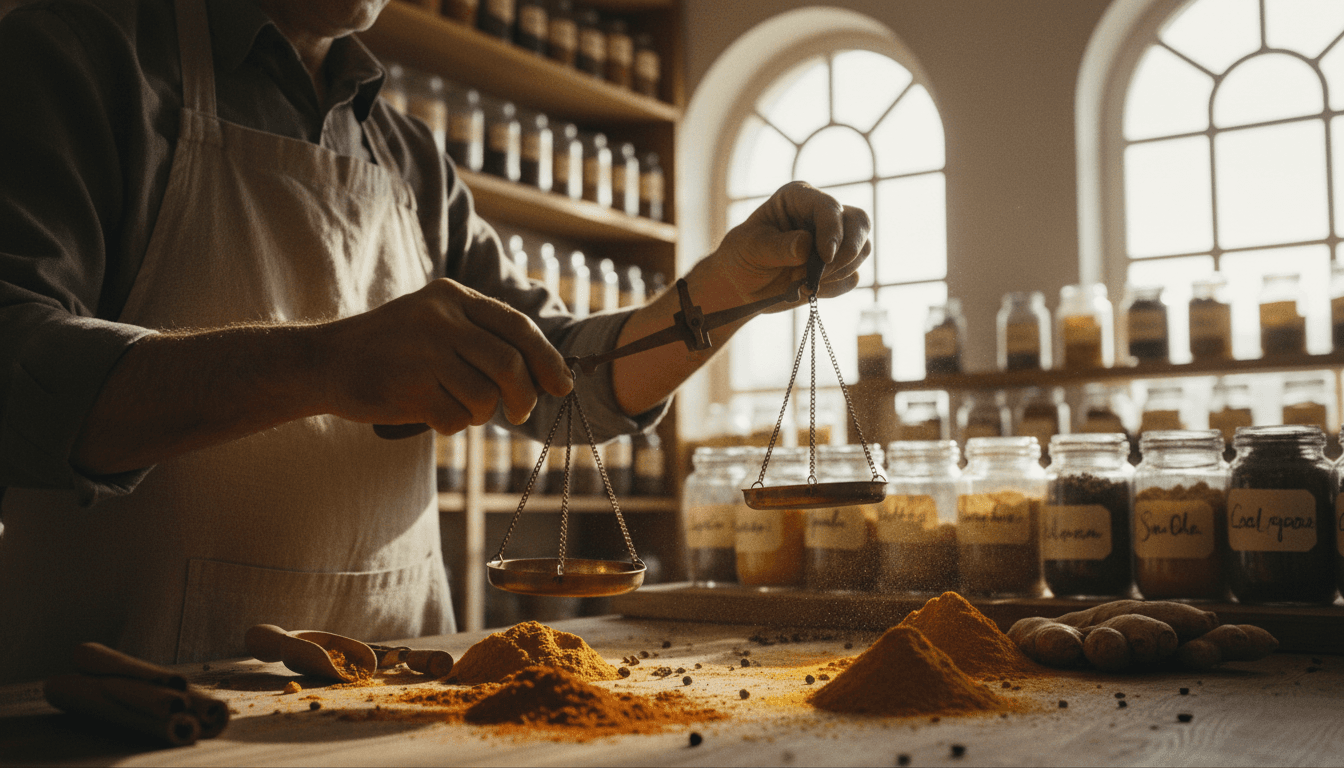 Chef's hands measuring spices into a brass bowl