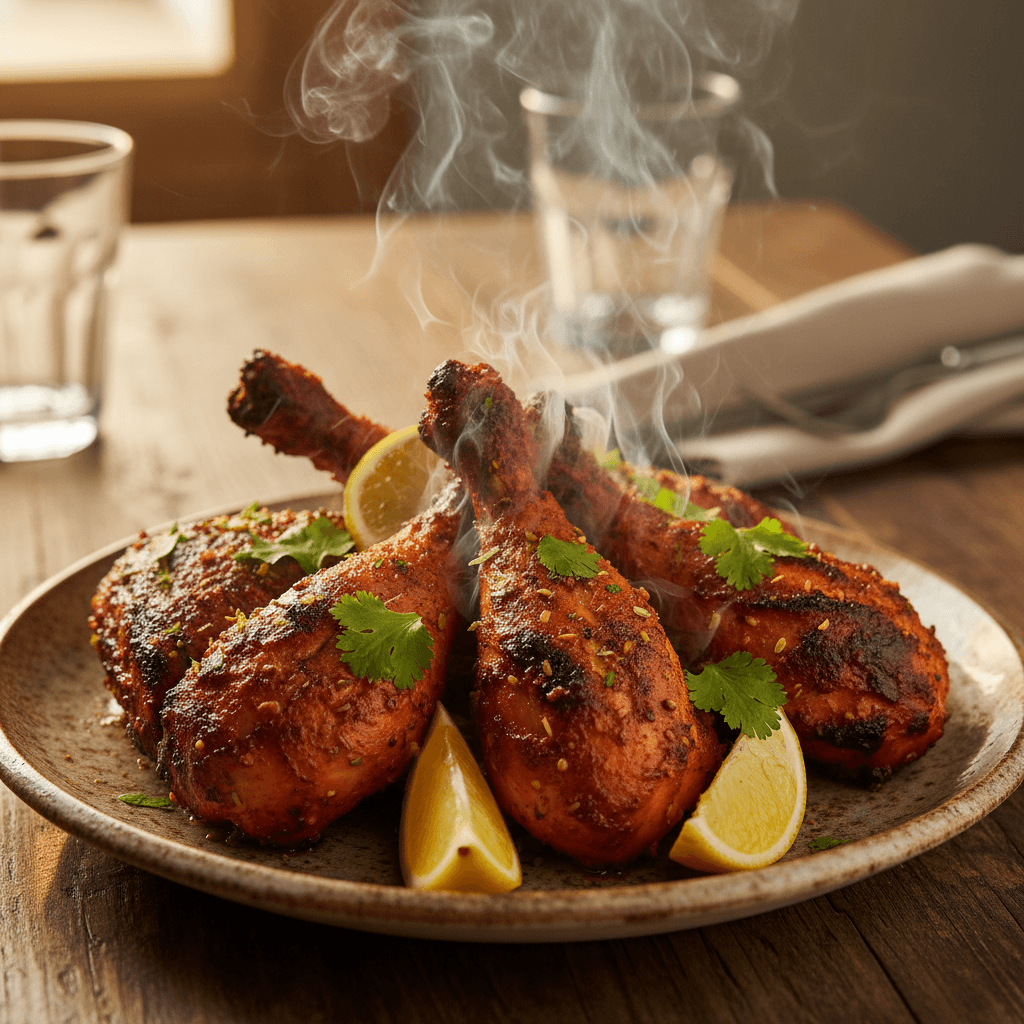 Raw chicken pieces coated in red-orange tandoori rub on a metal tray