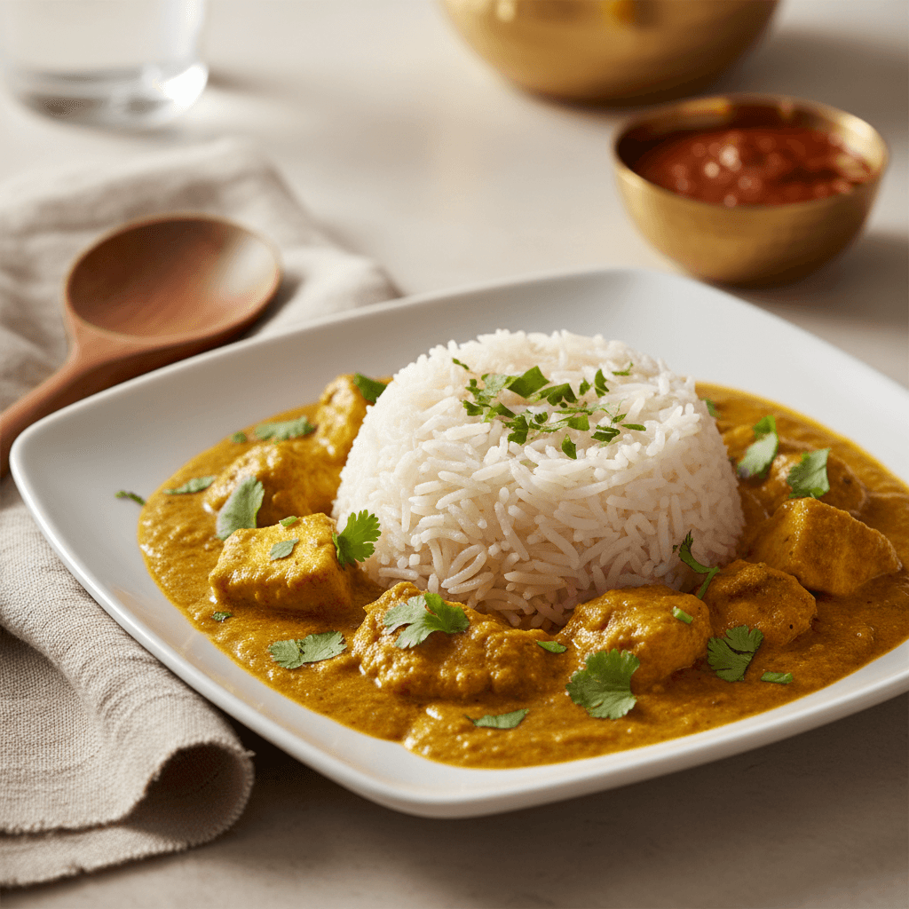 Ceramic plate with reddish fish fry masala, curry leaves, and green chilli